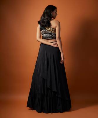 Black One Shoulder Embroidered Choli With Asymmetrical Lehenga Set 2