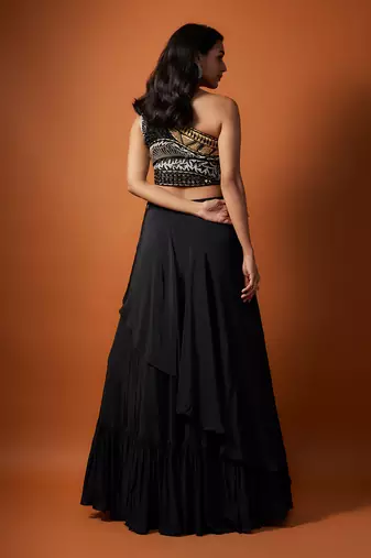 Black One Shoulder Embroidered Choli With Asymmetrical Lehenga Set