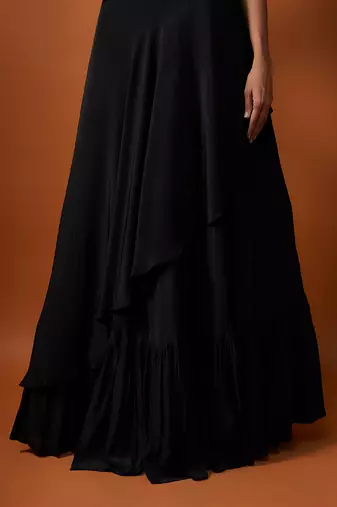 Black One Shoulder Embroidered Choli With Asymmetrical Lehenga Set