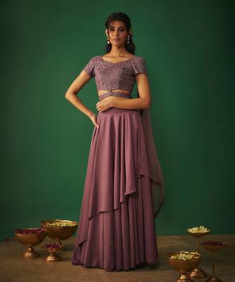 Rouge Pink Embroidered Choli With Attached Dupatta And Asymmetrical Lehenga Set 1
