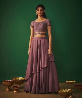 Rouge Pink Embroidered Choli With Attached Dupatta And Asymmetrical Lehenga Set 2