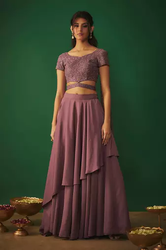Rouge Pink Embroidered Choli With Attached Dupatta And Asymmetrical Lehenga Set