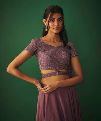 Rouge Pink Embroidered Choli With Attached Dupatta And Asymmetrical Lehenga Set 3