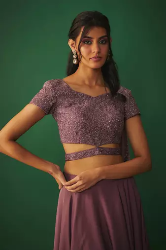 Rouge Pink Embroidered Choli With Attached Dupatta And Asymmetrical Lehenga Set