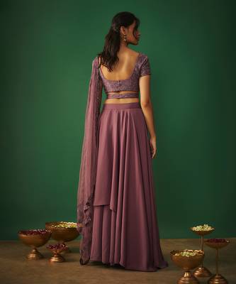 Rouge Pink Embroidered Choli With Attached Dupatta And Asymmetrical Lehenga Set 4