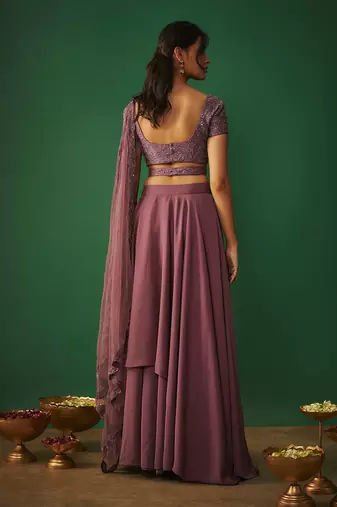 Rouge Pink Embroidered Choli With Attached Dupatta And Asymmetrical Lehenga Set