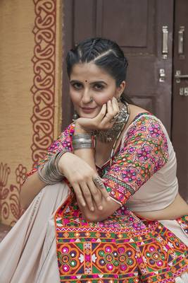 Bewitching Beige Embroidered with Mirror work Viscose Rayon Indian Navratri Chaniya Choli Collection 3