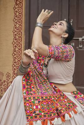 Bewitching Beige Embroidered with Mirror work Viscose Rayon Indian Navratri Chaniya Choli Collection 4