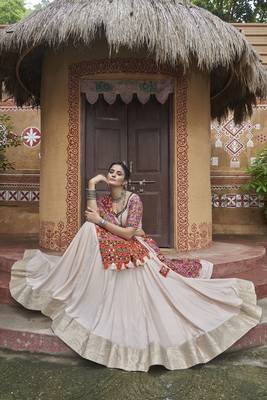Bewitching Beige Embroidered with Mirror work Viscose Rayon Indian Navratri Chaniya Choli Collection 6