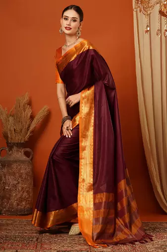 Villagius Red and Orange Mysore Silk Zari Embroidered Saree for Women