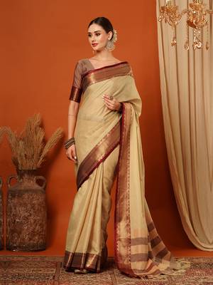 Beige Jaccaurd Cotton Silk Mysore Silk Blend Saree With Blouse 1