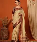 Beige Jaccaurd Cotton Silk Mysore Silk Blend Saree With Blouse
