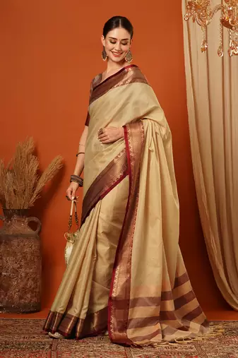 Beige Jaccaurd Cotton Silk Mysore Silk Blend Saree With Blouse
