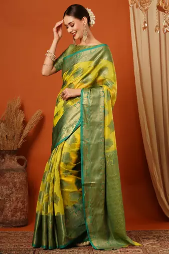 Light Green Jaccaurd Oraganza Silk Bollywood  Saree With Blouse