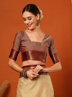 Beige Jaccaurd Cotton Silk Mysore Silk Blend Saree With Blouse 5