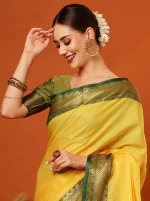 Lime Jaccaurd Cotton Silk Mysore Silk Blend Saree With Blouse 1
