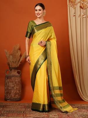 Lime Jaccaurd Cotton Silk Mysore Silk Blend Saree With Blouse 2