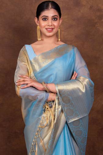 Light blue  jaccaurd tissue silk banarasi saree with blouse