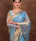 Light blue Jaccard tissue silk Blend banarasi saree with blouse