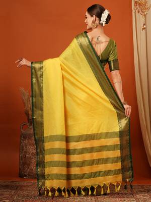 Lime Jaccaurd Cotton Silk Mysore Silk Blend Saree With Blouse 3