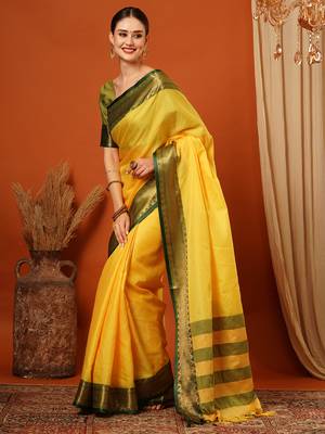 Lime Jaccaurd Cotton Silk Mysore Silk Blend Saree With Blouse 4