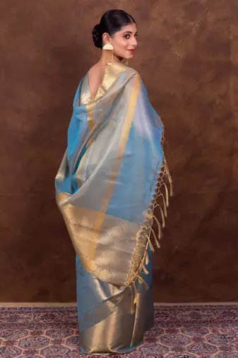 Light blue Jaccard tissue silk Blend banarasi saree with blouse