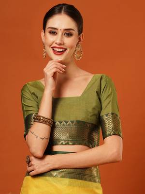 Lime Jaccaurd Cotton Silk Mysore Silk Blend Saree With Blouse 5