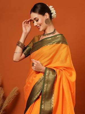 Musturd Jaccaurd Cotton Silk Mysore Silk Blend Saree With Blouse 1