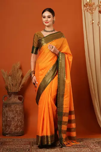 Musturd Jaccaurd Cotton Silk Mysore Silk Blend Saree With Blouse