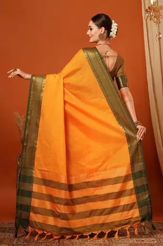 Musturd Jaccaurd Cotton Silk Mysore Silk Blend Saree With Blouse