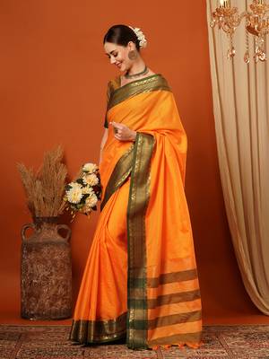 Musturd Jaccaurd Cotton Silk Mysore Silk Blend Saree With Blouse 4