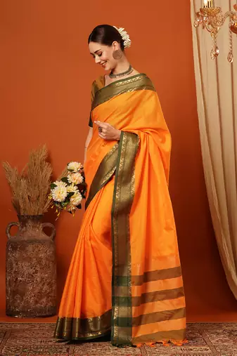 Musturd Jaccaurd Cotton Silk Mysore Silk Blend Saree With Blouse
