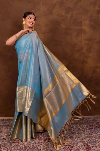 Light blue Jaccard tissue silk Blend banarasi saree with blouse