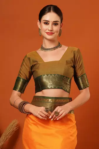 Musturd Jaccaurd Cotton Silk Mysore Silk Blend Saree With Blouse