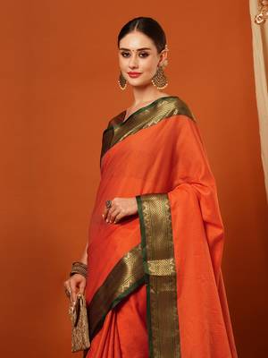 Orange Jaccaurd Cotton Silk Mysore Silk Blend Saree With Blouse 1