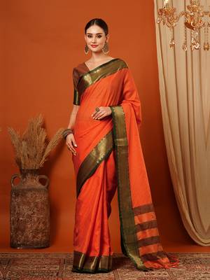 Orange Jaccaurd Cotton Silk Mysore Silk Blend Saree With Blouse 2