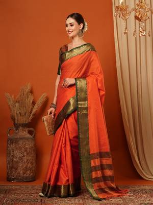 Orange Jaccaurd Cotton Silk Mysore Silk Blend Saree With Blouse 4
