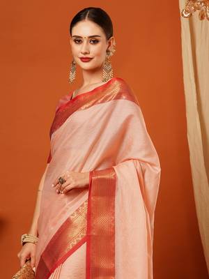 Peach Jaccaurd Cotton Silk Mysore Silk Blend Saree With Blouse 1