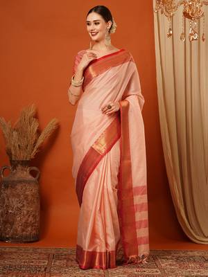 Peach Jaccaurd Cotton Silk Mysore Silk Blend Saree With Blouse 2