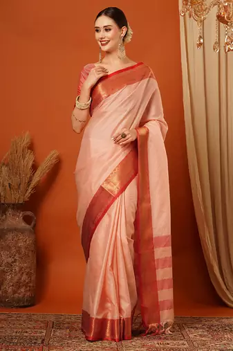 Peach Jaccaurd Cotton Silk Mysore Silk Blend Saree With Blouse