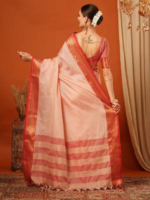 Peach Jaccaurd Cotton Silk Mysore Silk Blend Saree With Blouse 3