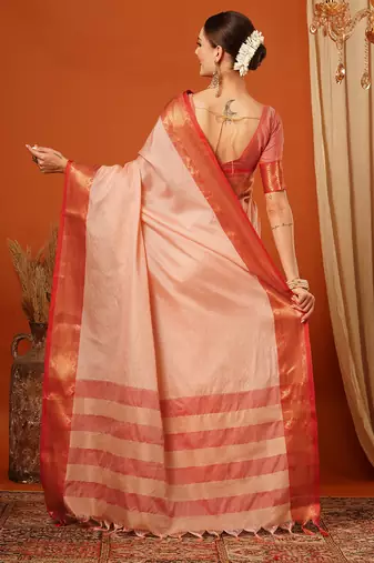 Peach Jaccaurd Cotton Silk Mysore Silk Blend Saree With Blouse