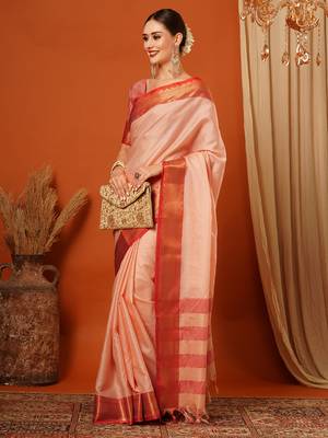 Peach Jaccaurd Cotton Silk Mysore Silk Blend Saree With Blouse 4
