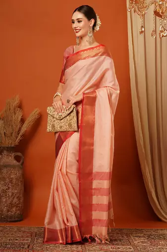 Peach Jaccaurd Cotton Silk Mysore Silk Blend Saree With Blouse