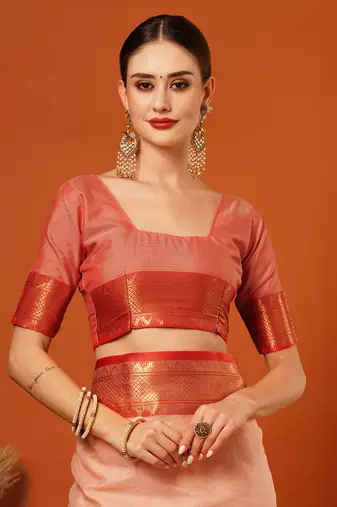 Peach Jaccaurd Cotton Silk Mysore Silk Blend Saree With Blouse