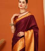 Brown Jaccaurd Cotton Silk Mysore Silk Blend Saree With Blouse