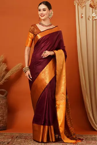 Brown Jaccaurd Cotton Silk Mysore Silk Blend Saree With Blouse