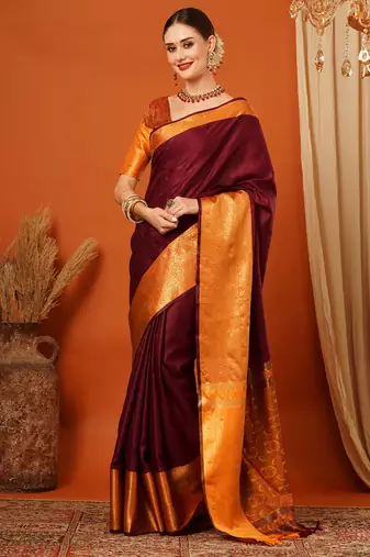 Brown Jaccaurd Cotton Silk Mysore Silk Blend Saree With Blouse