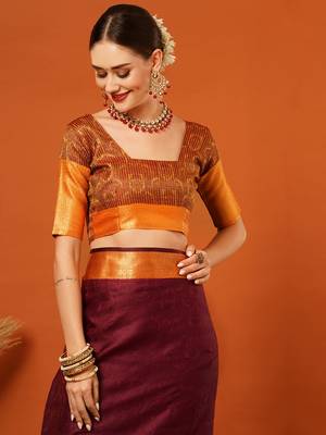 Brown Jaccaurd Cotton Silk Mysore Silk Blend Saree With Blouse 5