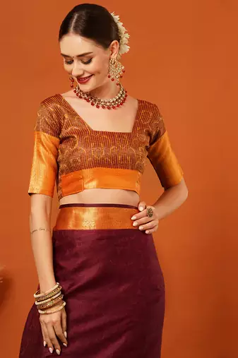 Brown Jaccaurd Cotton Silk Mysore Silk Blend Saree With Blouse